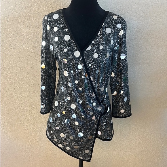 Joseph Ribkoff Mirrored Wrap Black and Silver Women's Top 0120 - Picture 2 of 10